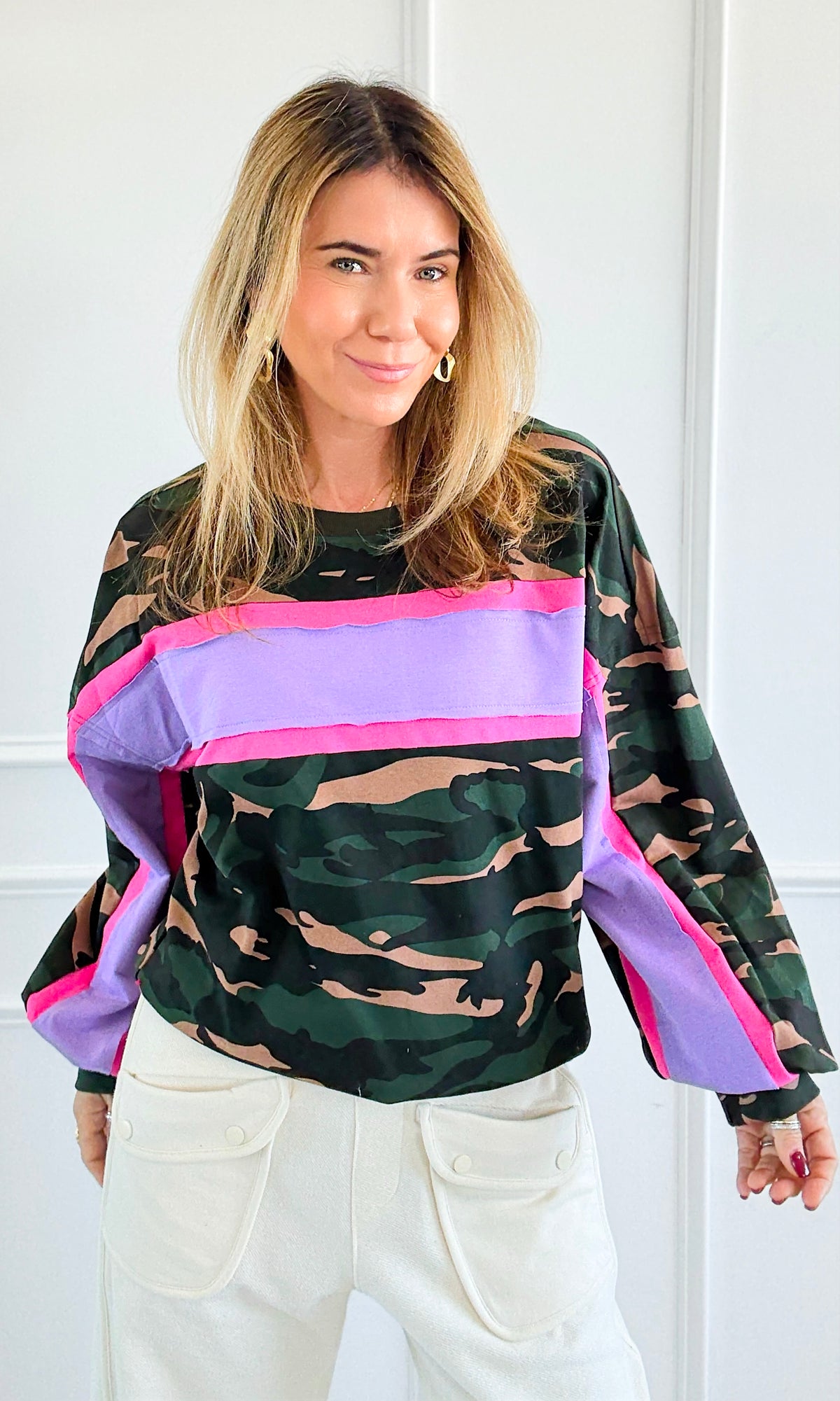 Camo French Terry Stripe Sleeve Top-130 Long Sleeve Tops-BIBI-Coastal Bloom Boutique, find the trendiest versions of the popular styles and looks Located in Indialantic, FL