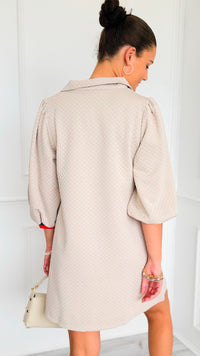 Prep School Puff Sleeve Dress - Beige-200 Dresses/Jumpsuits/Rompers-JODIFL-Coastal Bloom Boutique, find the trendiest versions of the popular styles and looks Located in Indialantic, FL
