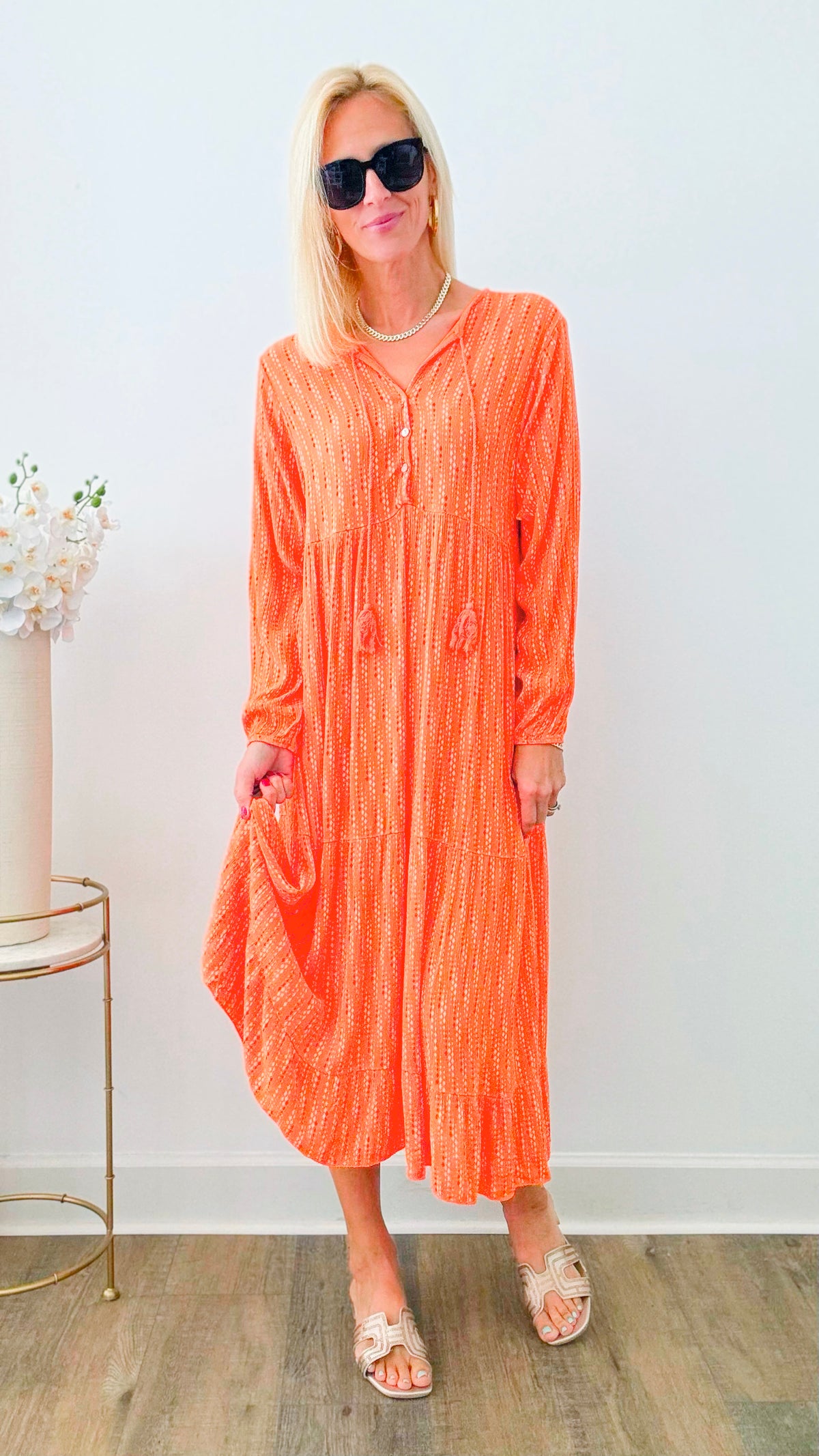 Boho Tiered Italian Maxi Dress - Orange-200 Dresses/Jumpsuits/Rompers-Look Mode-Coastal Bloom Boutique, find the trendiest versions of the popular styles and looks Located in Indialantic, FL