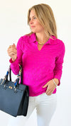 Textured Collared Top - Magenta-110 Long Sleeve Tops-Rousseau-Coastal Bloom Boutique, find the trendiest versions of the popular styles and looks Located in Indialantic, FL