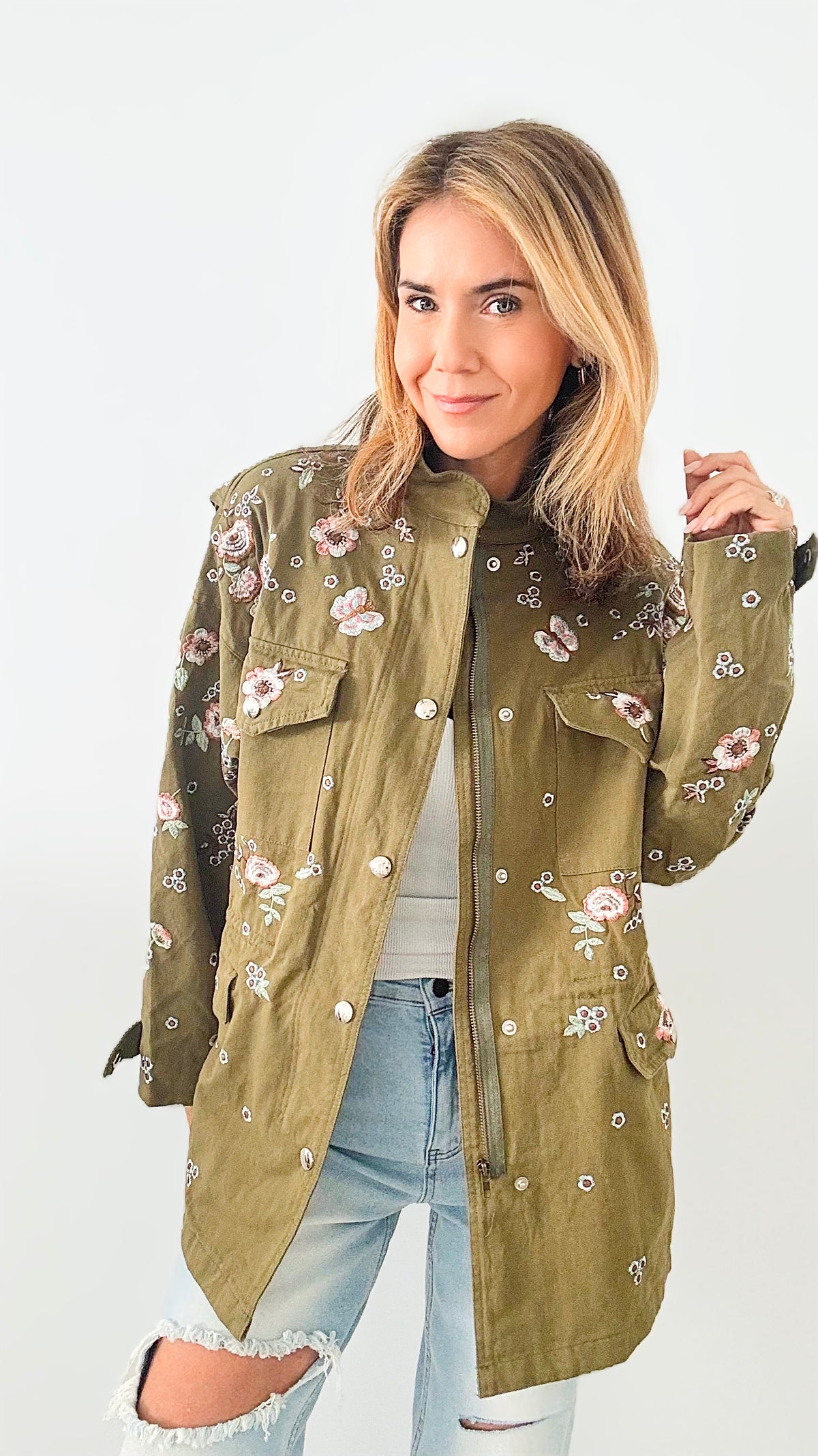 Primrose Embroidery Jacket-Army Green-160 Jackets-CBALY-Coastal Bloom Boutique, find the trendiest versions of the popular styles and looks Located in Indialantic, FL