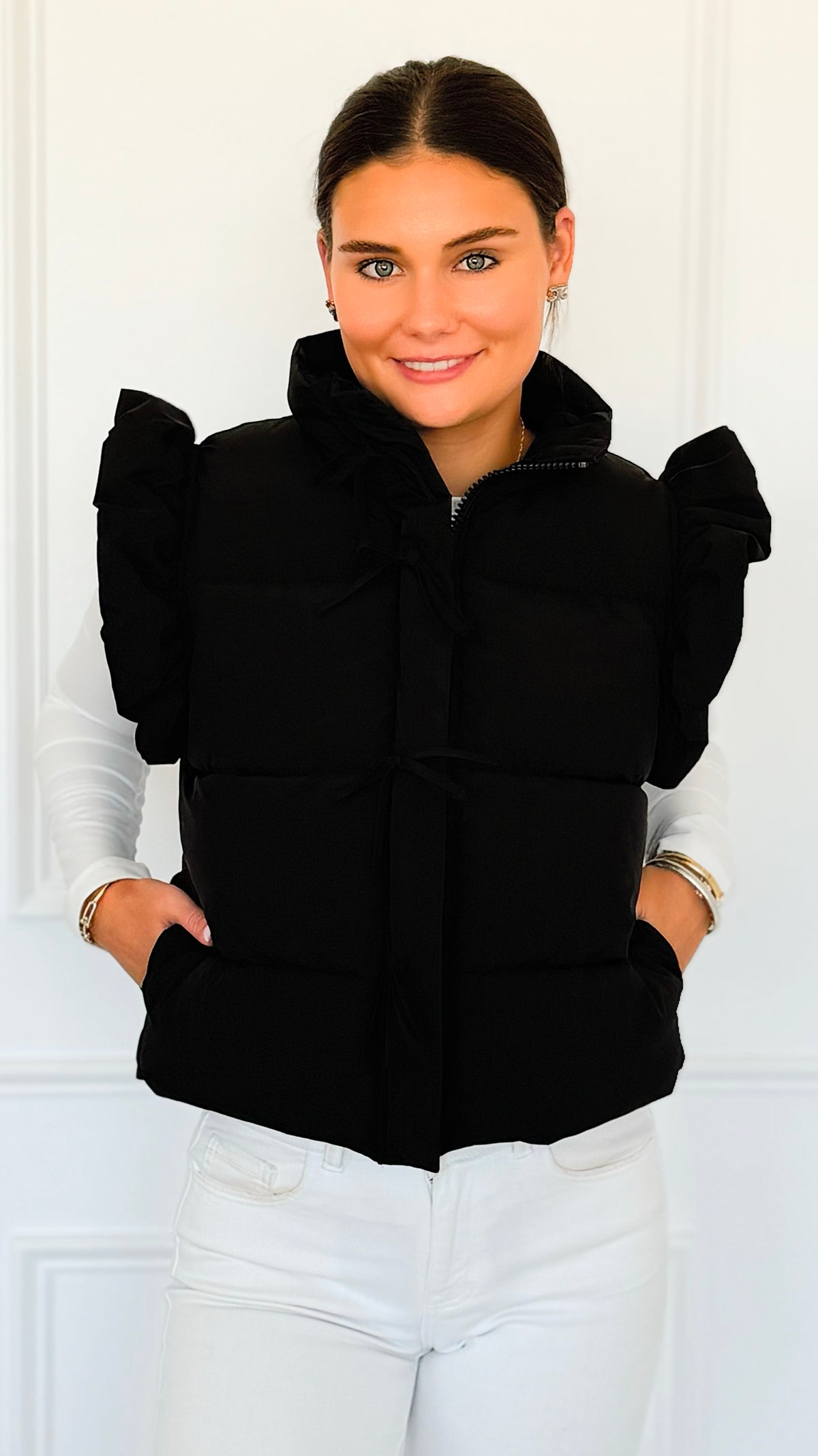 Ruffle & Ready Bow Puffer Vest - Black-vest-Jodifl-Coastal Bloom Boutique, find the trendiest versions of the popular styles and looks Located in Indialantic, FL