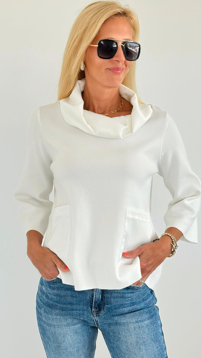 Contrast Satin Cowl Neck Sweater- Off White-130 Long sleeve top-Fate BY LFD-Coastal Bloom Boutique, find the trendiest versions of the popular styles and looks Located in Indialantic, FL