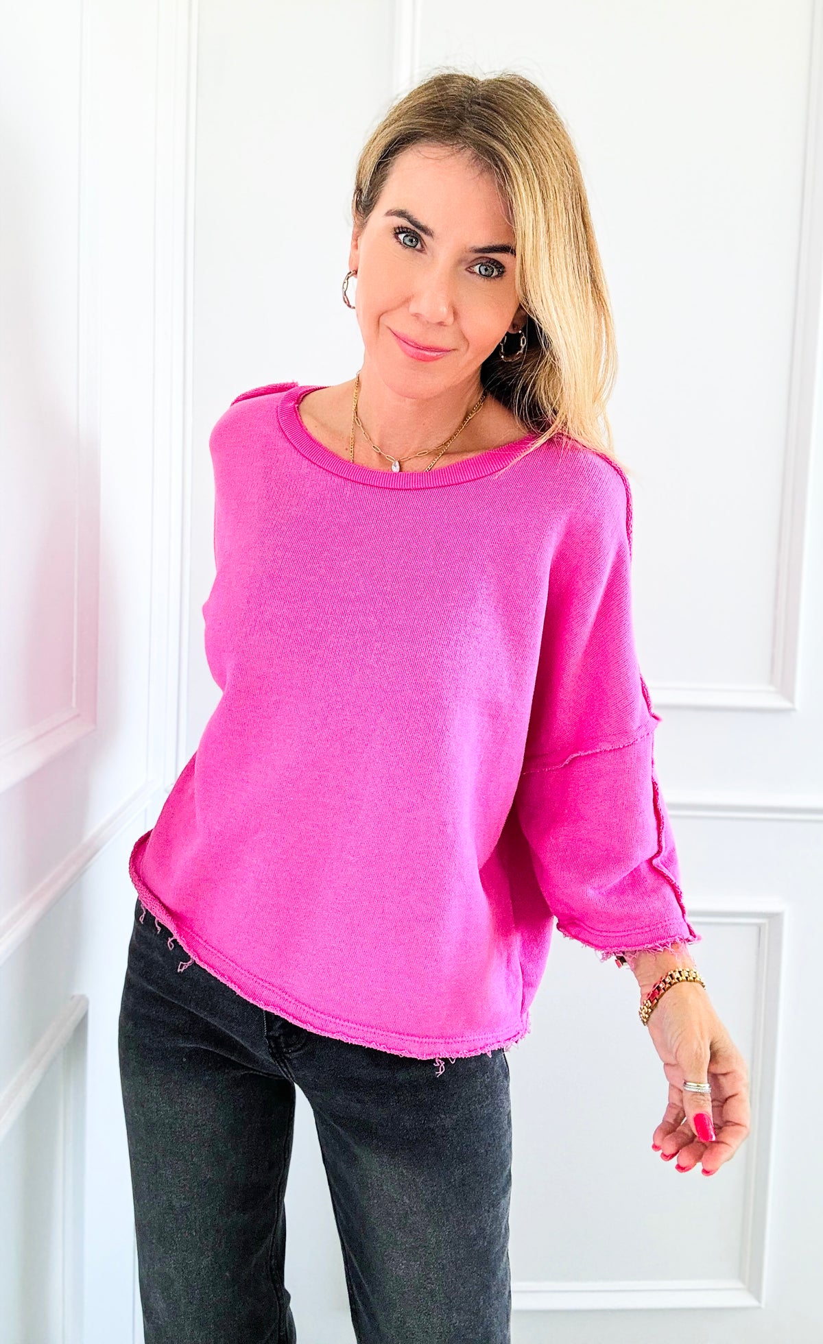 Vintage Terry Italian Sweatshirt- Fuchsia-140 Sweaters-Italianissimo-Coastal Bloom Boutique, find the trendiest versions of the popular styles and looks Located in Indialantic, FL