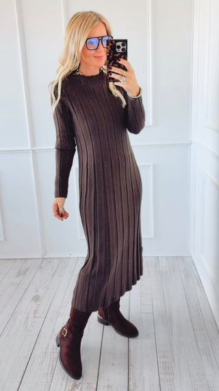 Ribbed Knit Midi Italian Dress - Brown