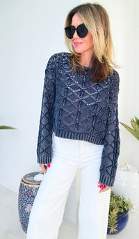 Crochet Round Neck Sweater-130 Long Sleeve Tops-EESOME-Coastal Bloom Boutique, find the trendiest versions of the popular styles and looks Located in Indialantic, FL