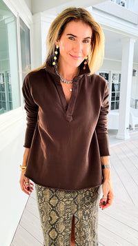 Eileen Cozy Lounge Collar Pullover Top - Espresso-110 Long Sleeve Tops-Mono B-Coastal Bloom Boutique, find the trendiest versions of the popular styles and looks Located in Indialantic, FL