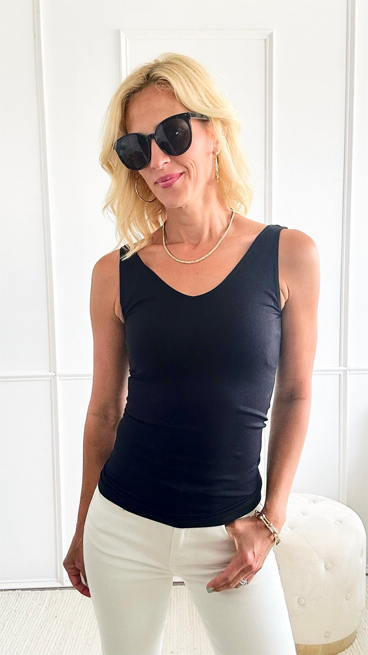 Front & Back V Neck Tank Top - Black-100 Sleeveless Tops-Zenana-Coastal Bloom Boutique, find the trendiest versions of the popular styles and looks Located in Indialantic, FL