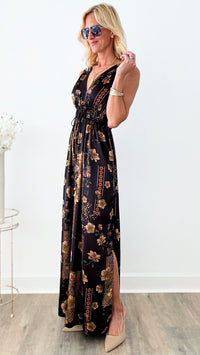 Weekend at the Villa Floral V- Neck Jumpsuit - Black-200 Dresses/Jumpsuits/Rompers-ee:some-Coastal Bloom Boutique, find the trendiest versions of the popular styles and looks Located in Indialantic, FL