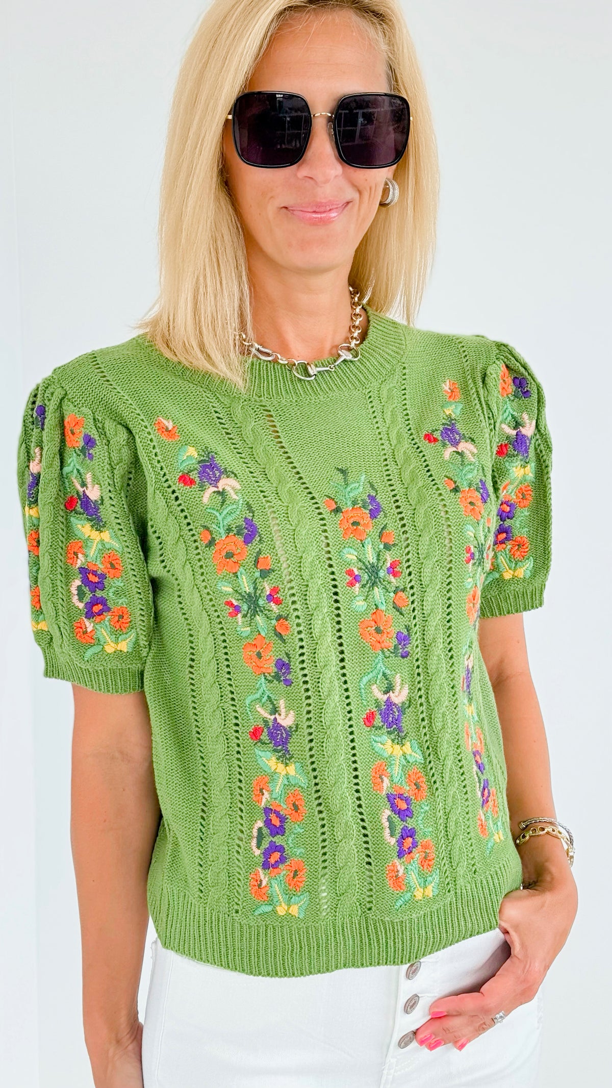 Embroidered Short-Sleeved Crew Neck Sweater - Olive-140 Sweaters-BIBI-Coastal Bloom Boutique, find the trendiest versions of the popular styles and looks Located in Indialantic, FL