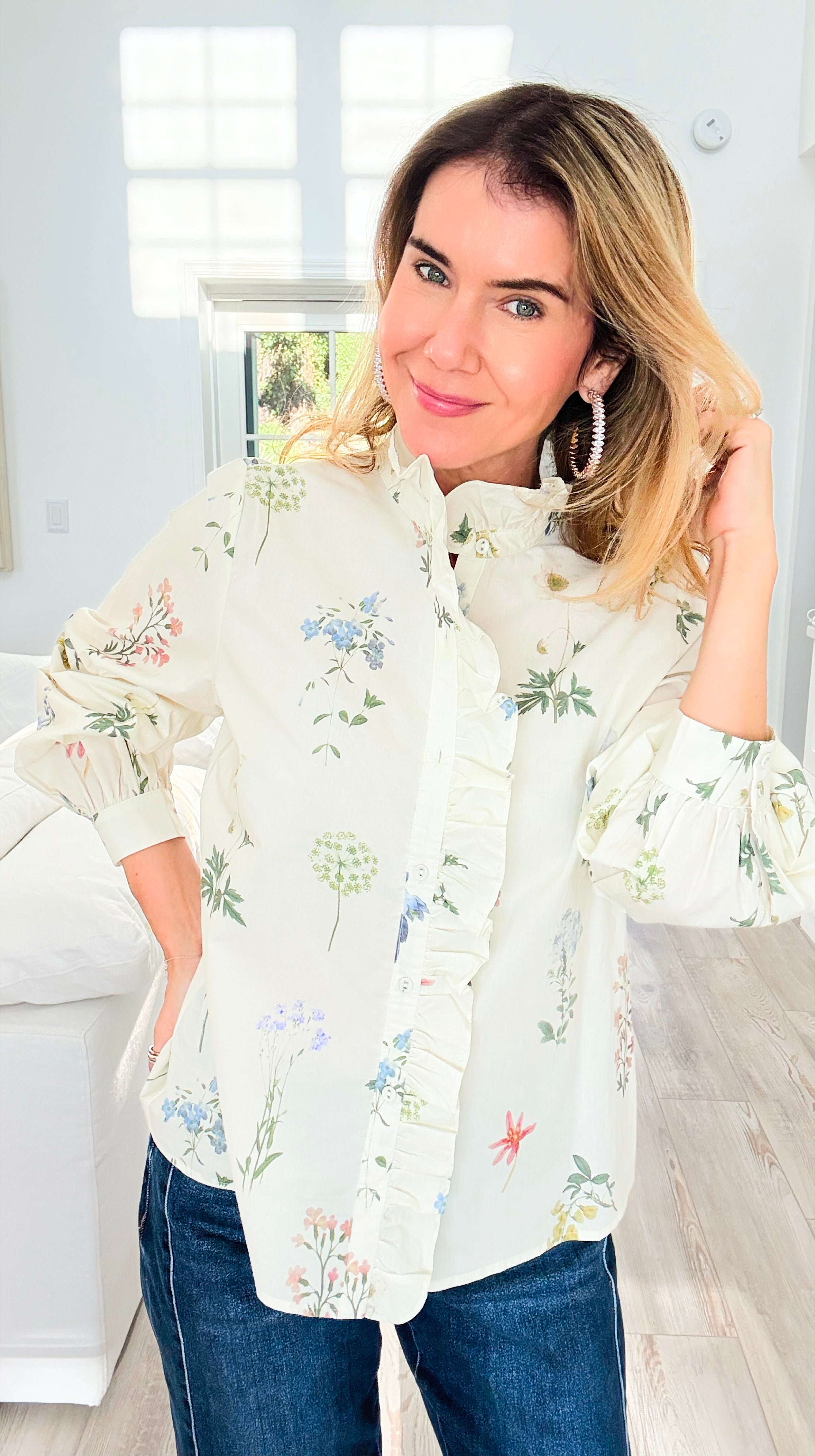 Garden Daydream Ruffled Collared Top-130 Long Sleeve Tops-JODIFL-Coastal Bloom Boutique, find the trendiest versions of the popular styles and looks Located in Indialantic, FL