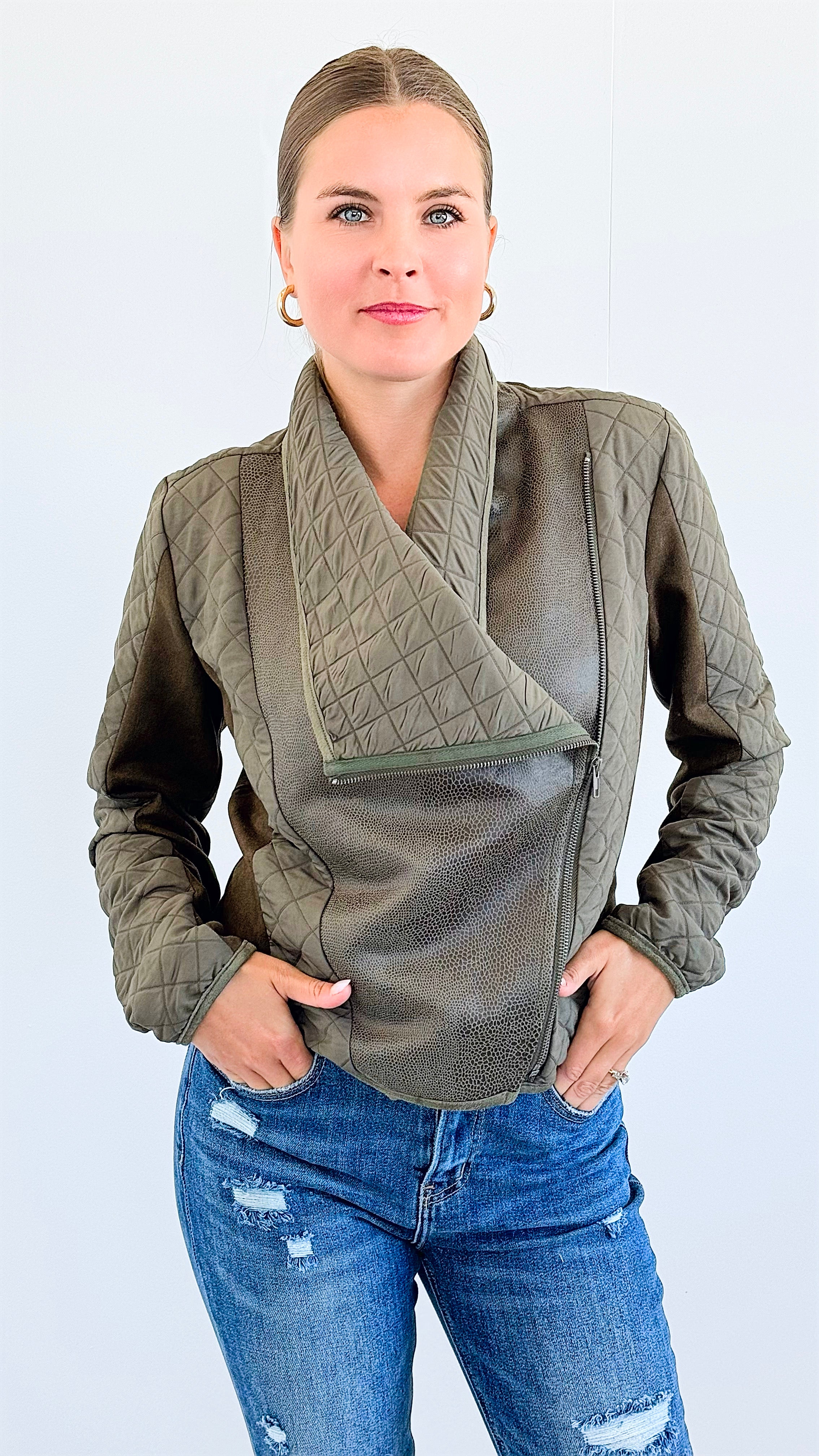 Faux Snake Skin & Suede Jacket - Olive-130 Long Sleeve Tops-mystree-Coastal Bloom Boutique, find the trendiest versions of the popular styles and looks Located in Indialantic, FL