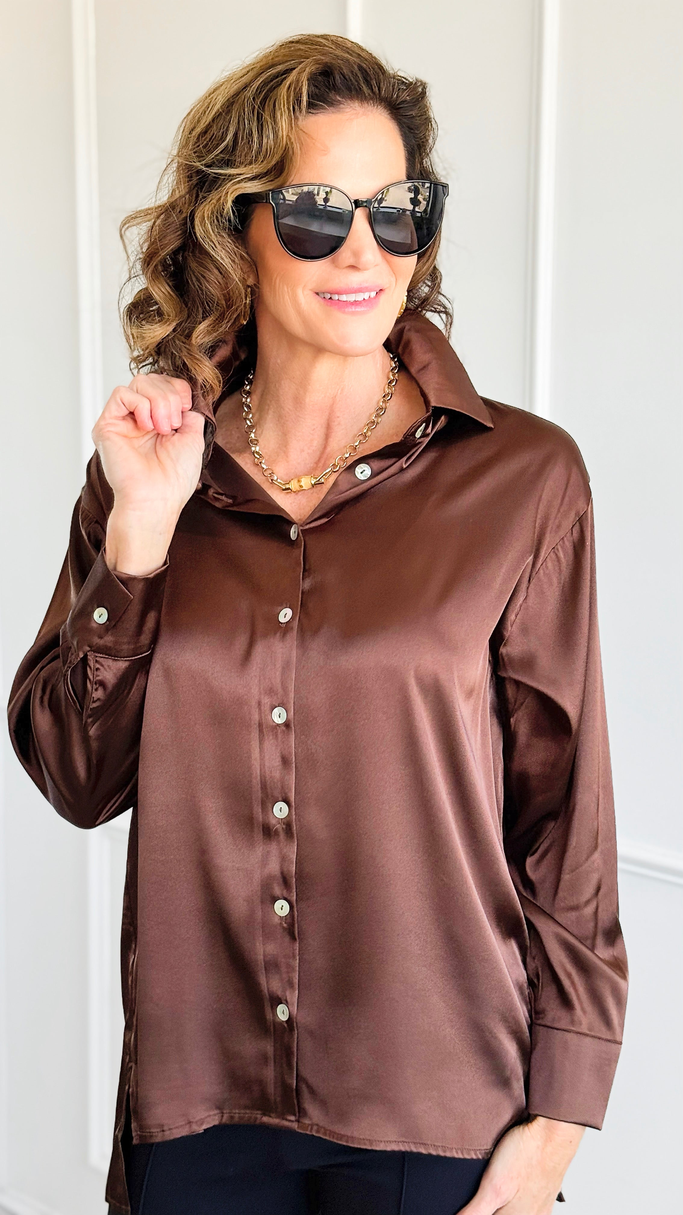 Vivienne Button Down Blouse - Brown-110 Long Sleeve Tops-Zenana-Coastal Bloom Boutique, find the trendiest versions of the popular styles and looks Located in Indialantic, FL