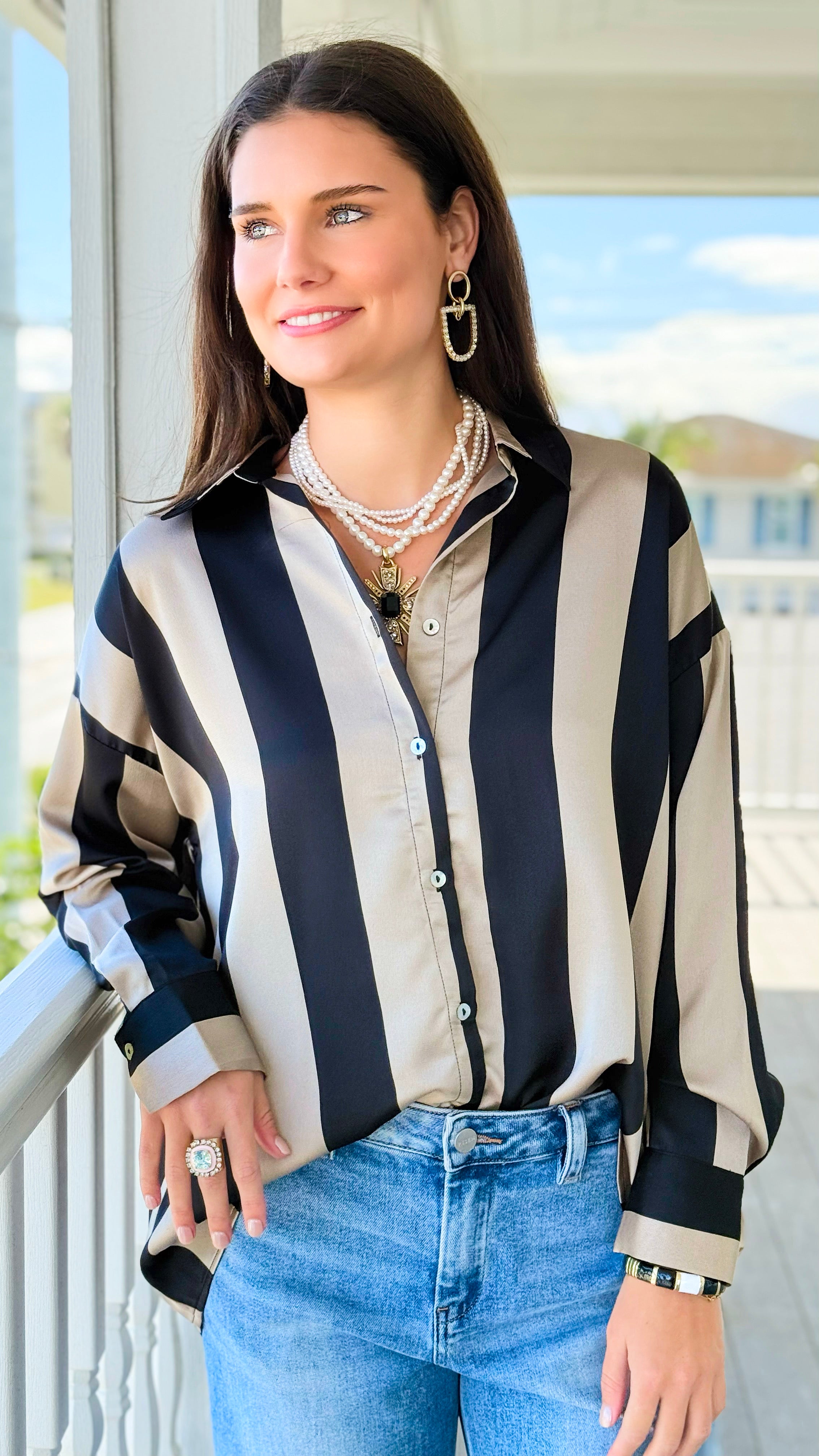 Oxford Lane Rugby Stripe Blouse-110 Long Sleeve Tops-DOE AND RAE-Coastal Bloom Boutique, find the trendiest versions of the popular styles and looks Located in Indialantic, FL