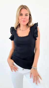 Whimsical Ruffles Ribbed Italian Tank Top- Black-100 Sleeveless Tops-Italianissimo-Coastal Bloom Boutique, find the trendiest versions of the popular styles and looks Located in Indialantic, FL