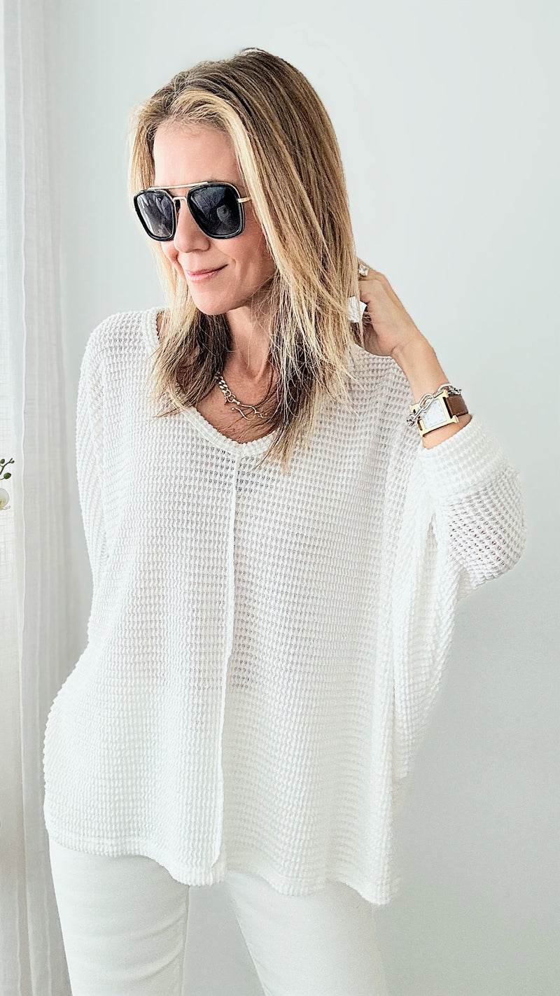 Hi-Low Hem Jacquard Sweater - Off White-140 Sweaters-Zenana-Coastal Bloom Boutique, find the trendiest versions of the popular styles and looks Located in Indialantic, FL