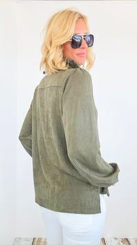 Willabella Faux Suede Top - Olive-130 Long Sleeve Tops-Joh Apparel-Coastal Bloom Boutique, find the trendiest versions of the popular styles and looks Located in Indialantic, FL