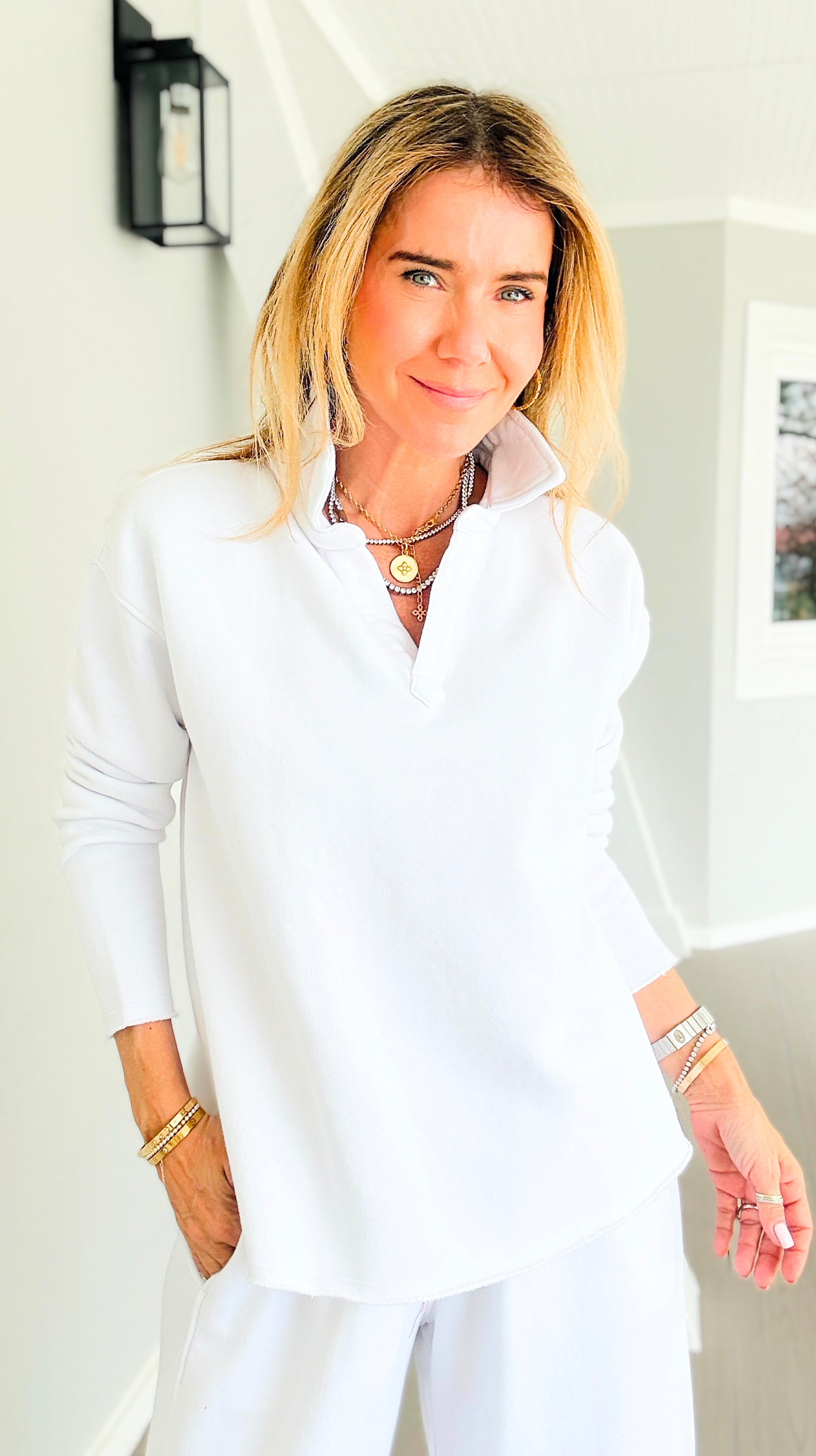 Eileen Collar Pullover Top -  White