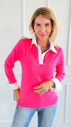 The Frankie Button Down Top - Neon Pink-130 Long Sleeve Tops-EC COLLECTION INC-Coastal Bloom Boutique, find the trendiest versions of the popular styles and looks Located in Indialantic, FL