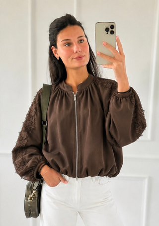Grace in Lace Italian Zip Jacket- Brown