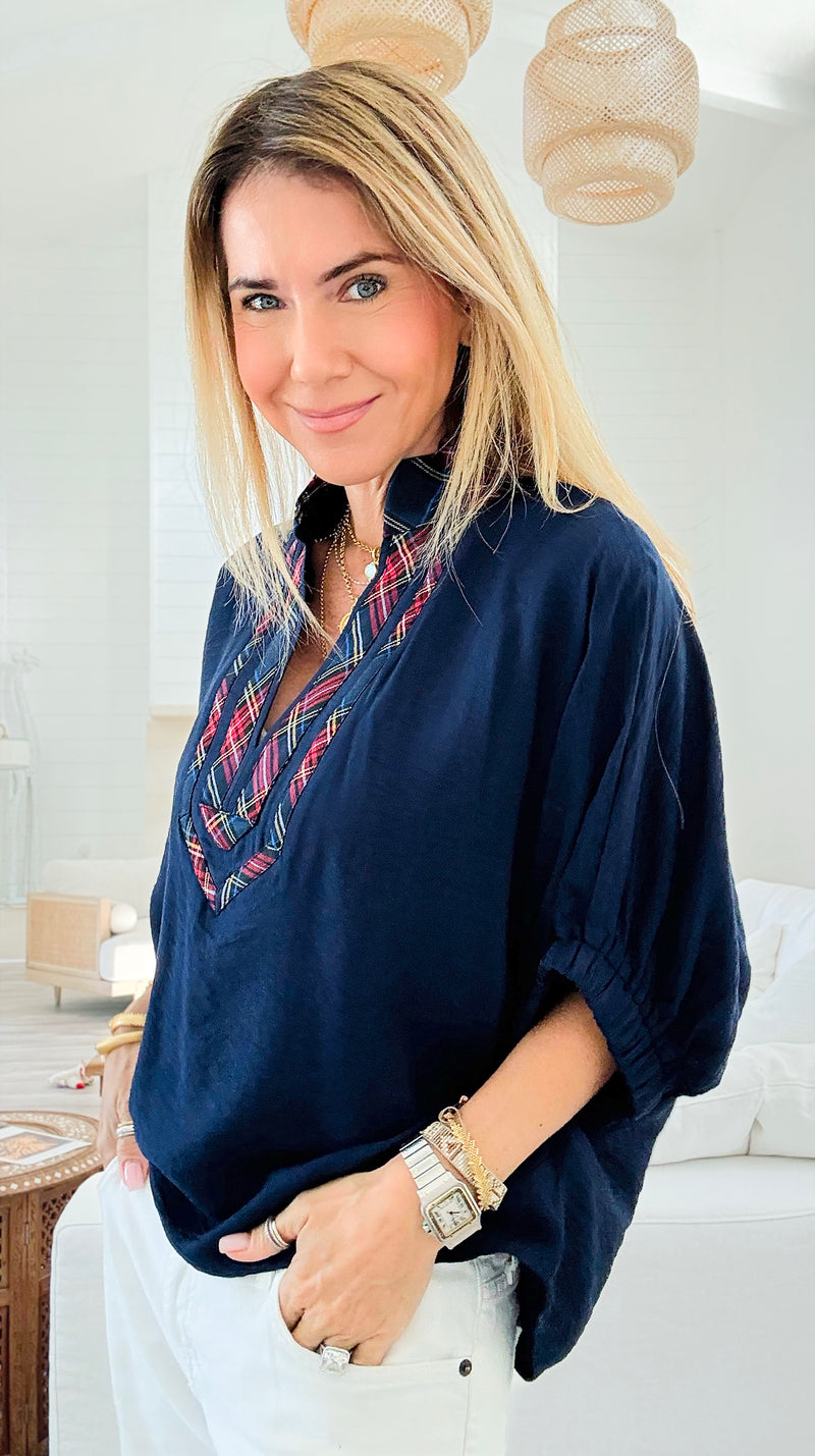 Bold Plaid Trim Blouse - Navy-110 Short Sleeve Tops-entro-Coastal Bloom Boutique, find the trendiest versions of the popular styles and looks Located in Indialantic, FL