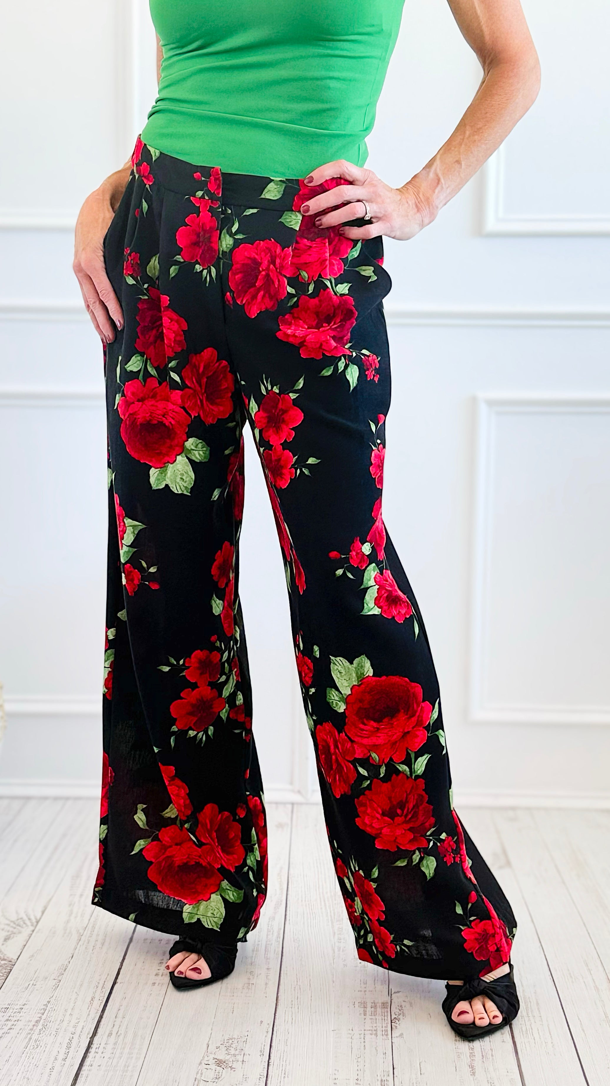 Midnight Bloom Wide Leg Pant - Black Red Floral-100 Pants-spin usa-Coastal Bloom Boutique, find the trendiest versions of the popular styles and looks Located in Indialantic, FL