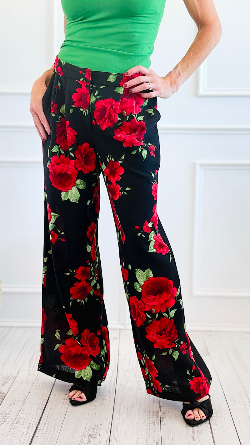 Midnight Bloom Wide Leg Pant - Black Red Floral-100 Pants-spin usa-Coastal Bloom Boutique, find the trendiest versions of the popular styles and looks Located in Indialantic, FL