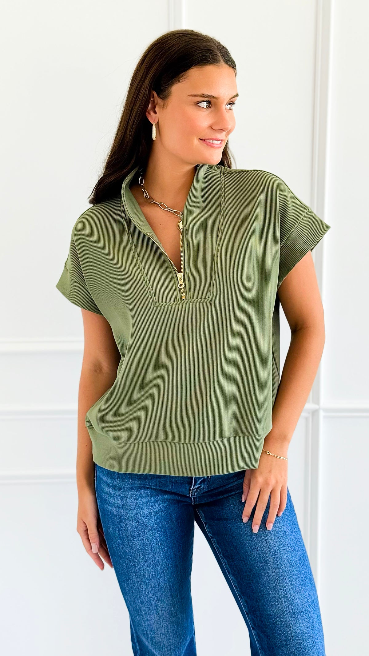 Effortless Zip Collar Knit Top - Light Olive-110 Short Sleeve Tops-Zenana-Coastal Bloom Boutique, find the trendiest versions of the popular styles and looks Located in Indialantic, FL