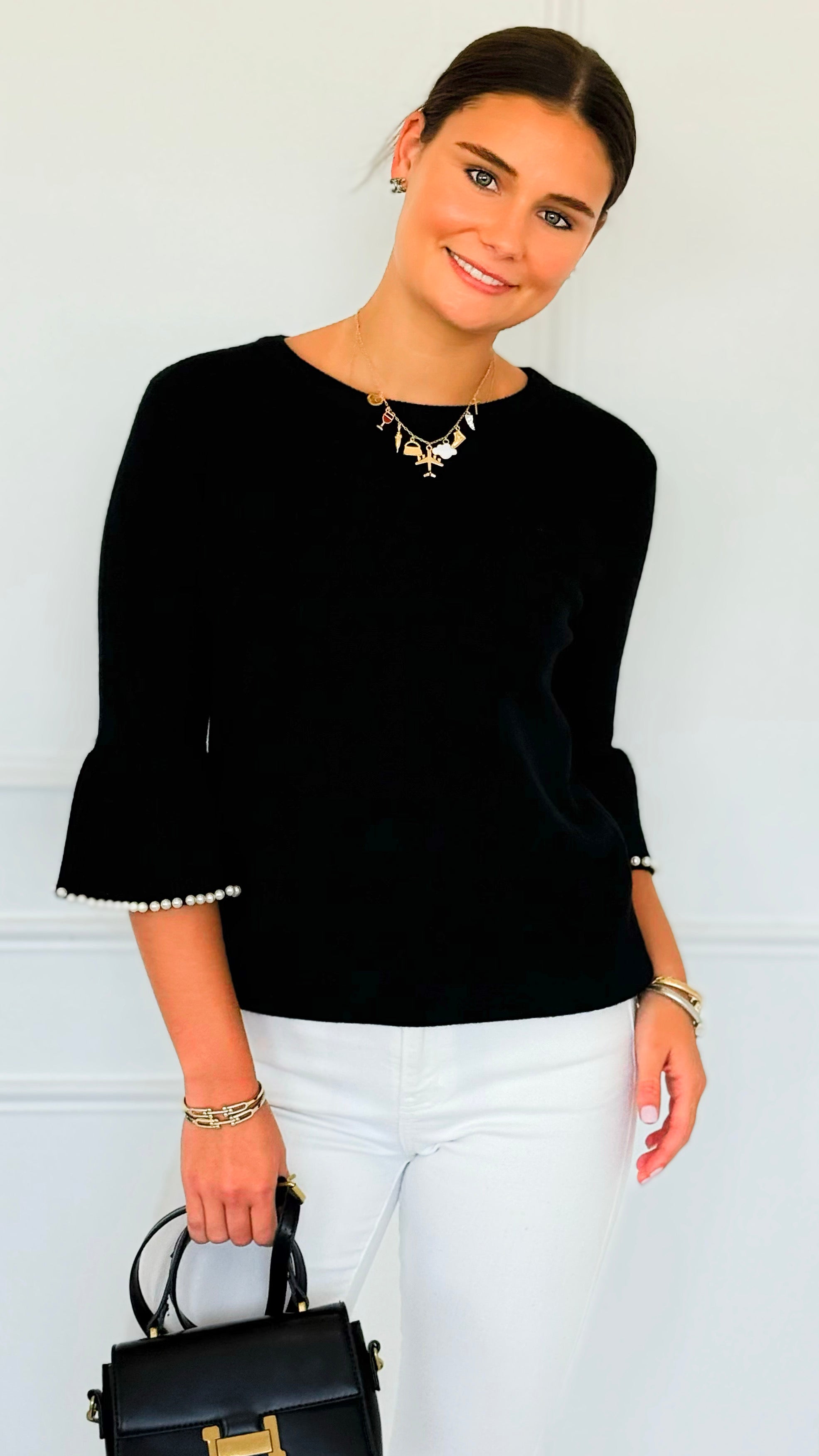 Pearl Detail Bell Sleeve Italian Top- Black-140 Sweaters-Italianissimo-Coastal Bloom Boutique, find the trendiest versions of the popular styles and looks Located in Indialantic, FL