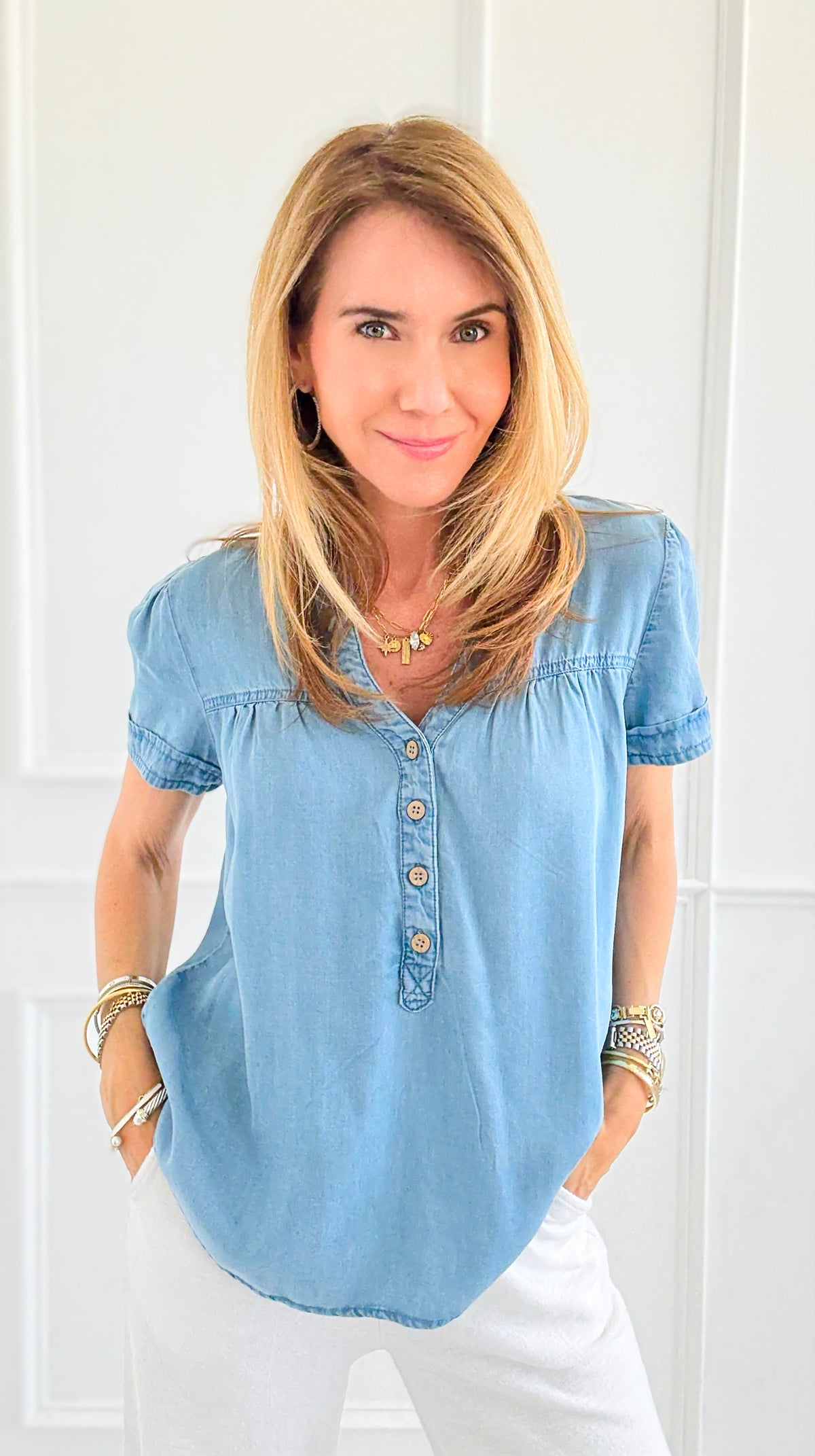 Relaxed V-Neck Chambray Top-110 Short Sleeve Tops-Blu Pepper-Coastal Bloom Boutique, find the trendiest versions of the popular styles and looks Located in Indialantic, FL