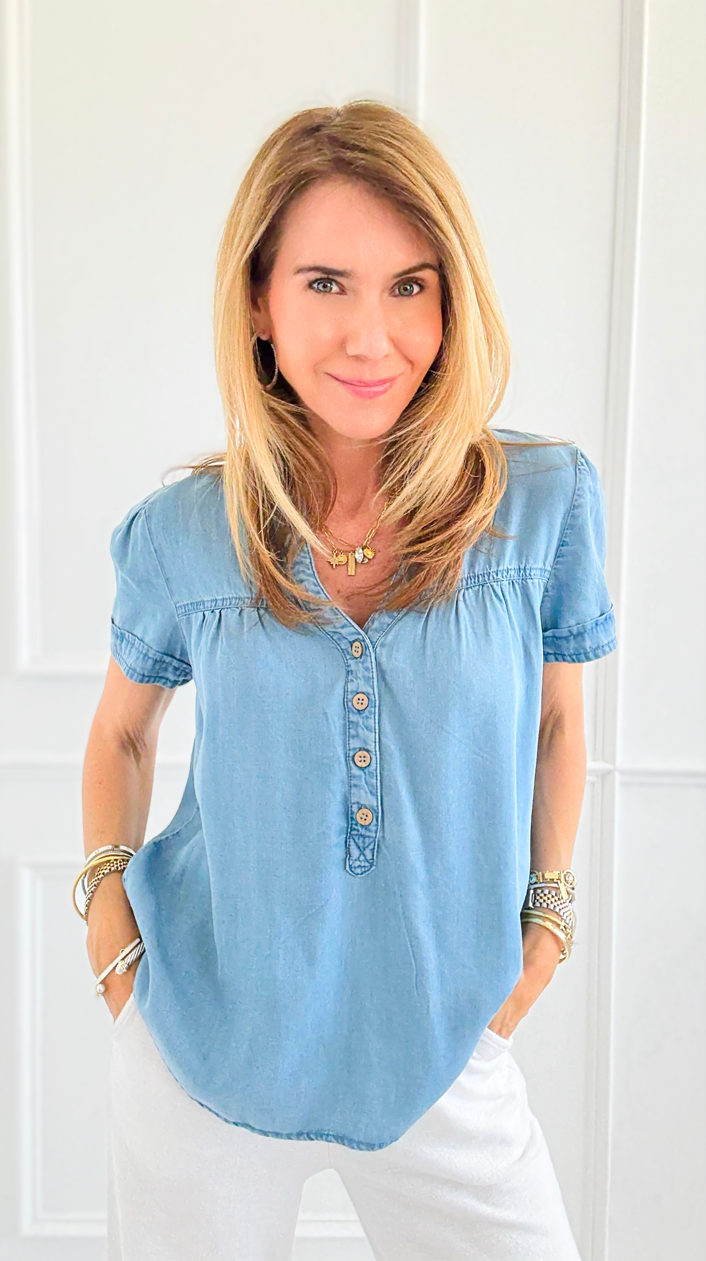 Relaxed V-Neck Chambray Top-110 Short Sleeve Tops-Blu Pepper-Coastal Bloom Boutique, find the trendiest versions of the popular styles and looks Located in Indialantic, FL