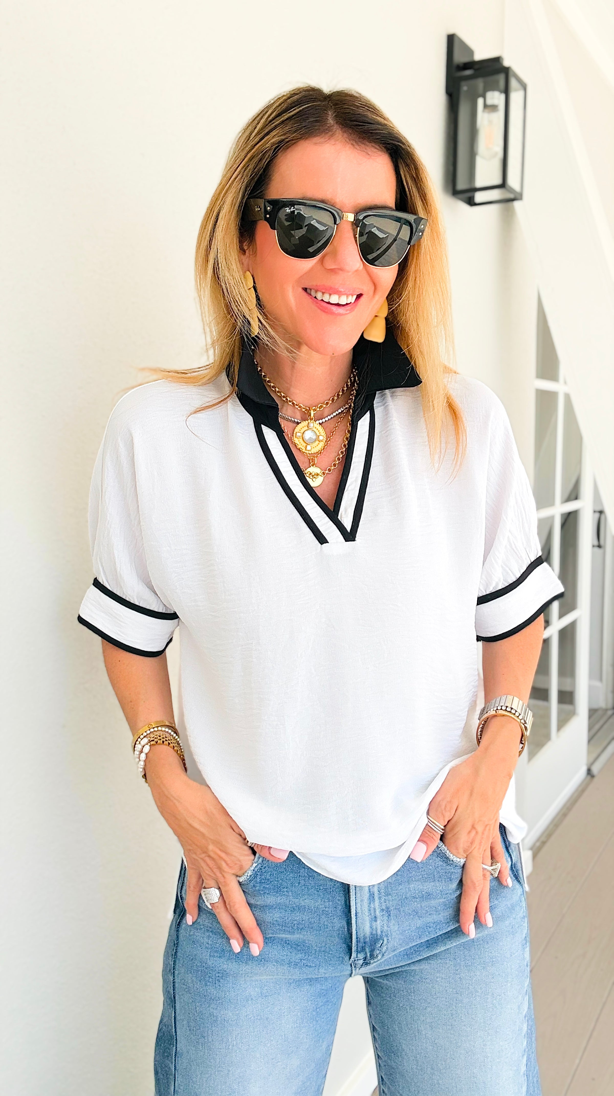 The Relaxed Contrast Trim Blouse - Off White