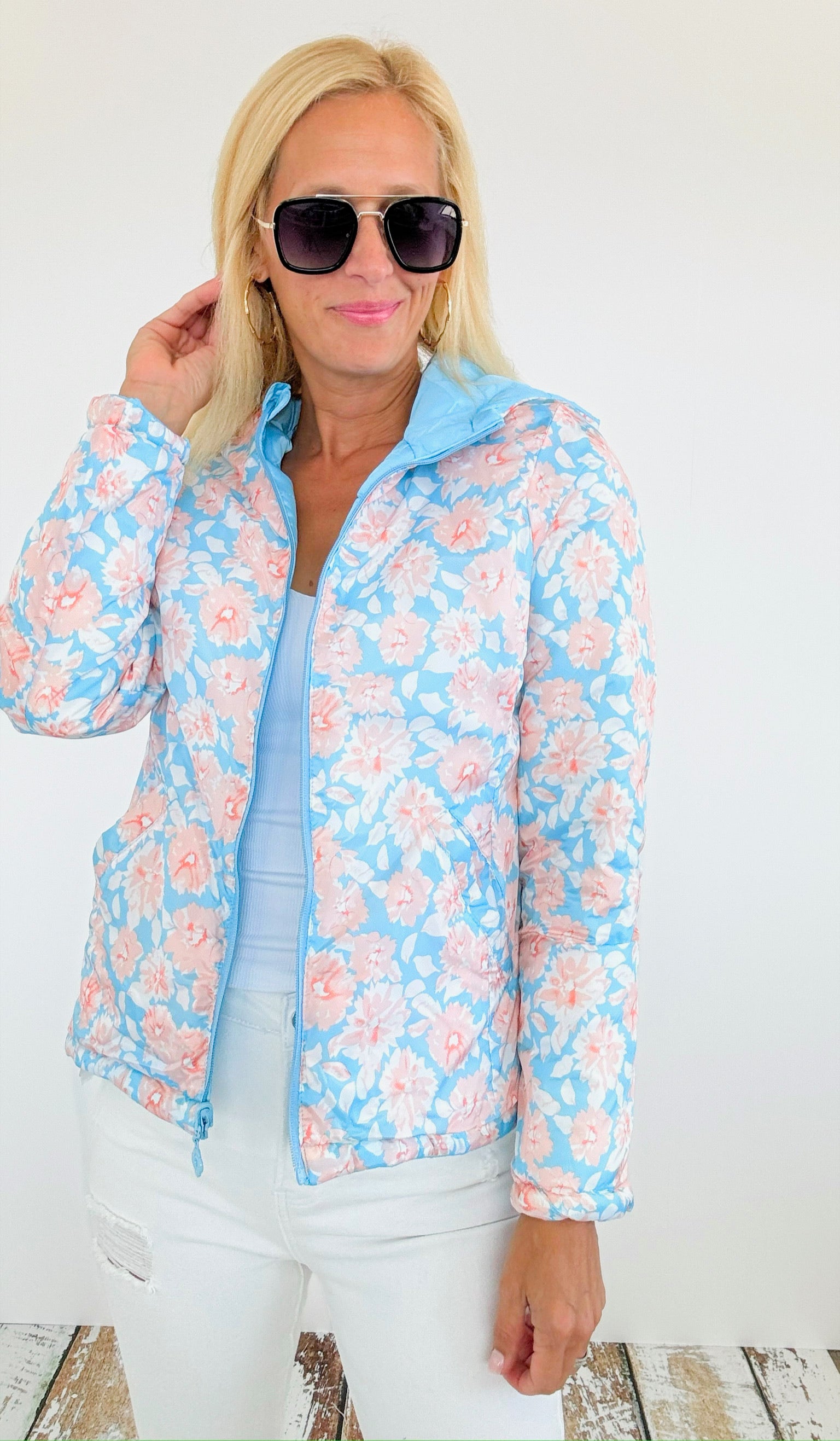 Reversible Printed Puffer Hoodie Jacket - Sky Blue-160 Jackets-Blue Age-Coastal Bloom Boutique, find the trendiest versions of the popular styles and looks Located in Indialantic, FL