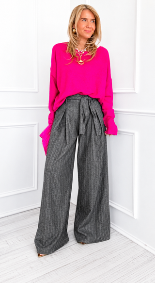 Elegance Pinstripe Bow Italian Pant- Gray
