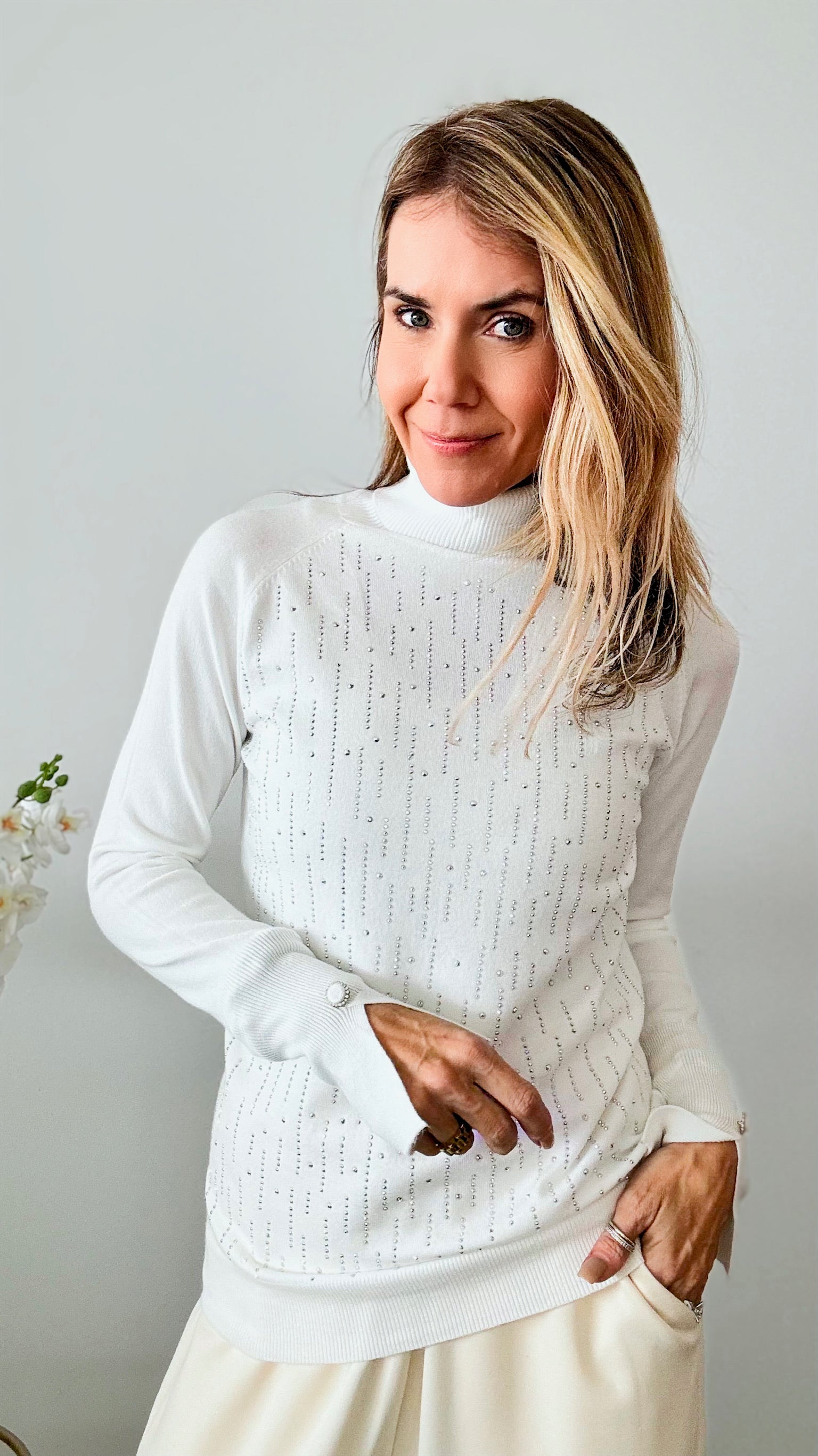 Shimmer Turtleneck CZ Sweater - White-130 Long Sleeve Tops-IN2YOU-Coastal Bloom Boutique, find the trendiest versions of the popular styles and looks Located in Indialantic, FL