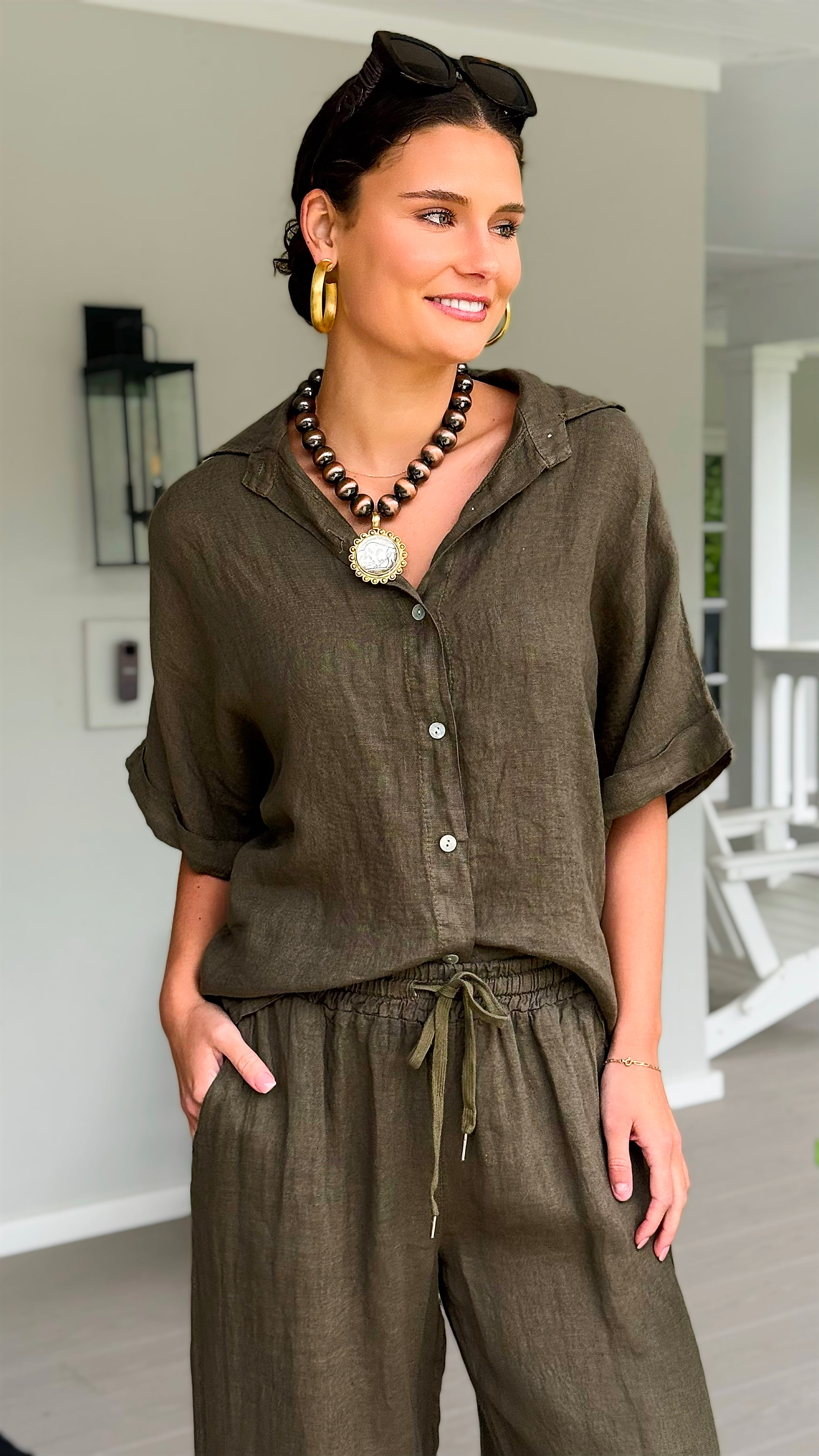 The Marlow Linen Italian Button Top- Army Green