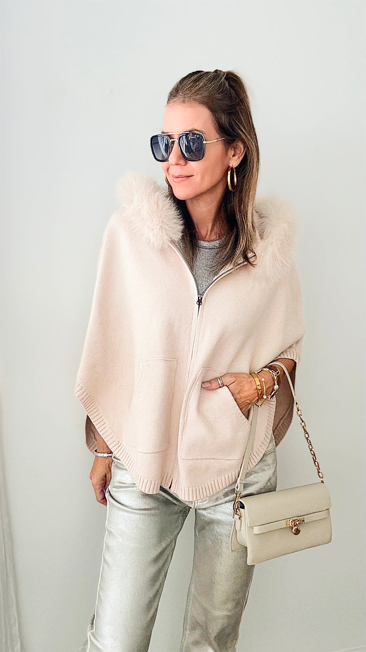 Zip Poncho Fur - Pearl-260 Other Accessories-Mitchie's-Coastal Bloom Boutique, find the trendiest versions of the popular styles and looks Located in Indialantic, FL