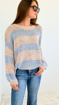 Striped Bubble Sleeve Knitted Sweater - Blush/Blue-140 Sweaters-Miracle-Coastal Bloom Boutique, find the trendiest versions of the popular styles and looks Located in Indialantic, FL