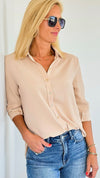 Classic Cuff Sleeves Button Down - Beige-130 Long Sleeve Tops-Michel-Coastal Bloom Boutique, find the trendiest versions of the popular styles and looks Located in Indialantic, FL