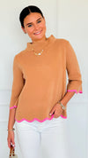 Waves & Whimsy Scallop Sweater - Camel/Pink-140 Sweaters-Fate Inc-Coastal Bloom Boutique, find the trendiest versions of the popular styles and looks Located in Indialantic, FL