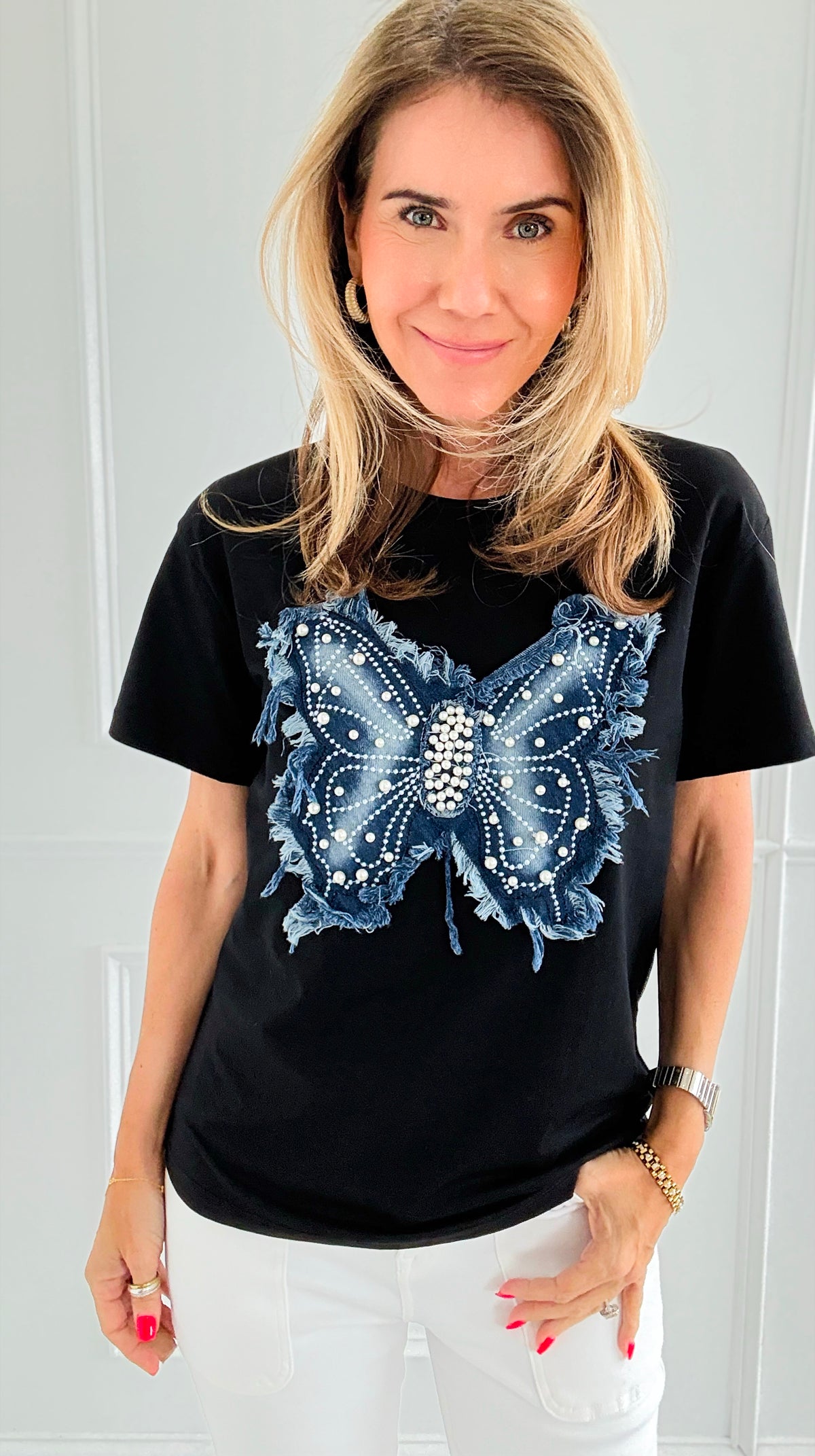 Denim Flutter Pearl Embellished Top-110 Short Sleeve Tops-Over Apparel-Coastal Bloom Boutique, find the trendiest versions of the popular styles and looks Located in Indialantic, FL