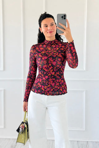 Slim Fit Floral Print Mesh Top