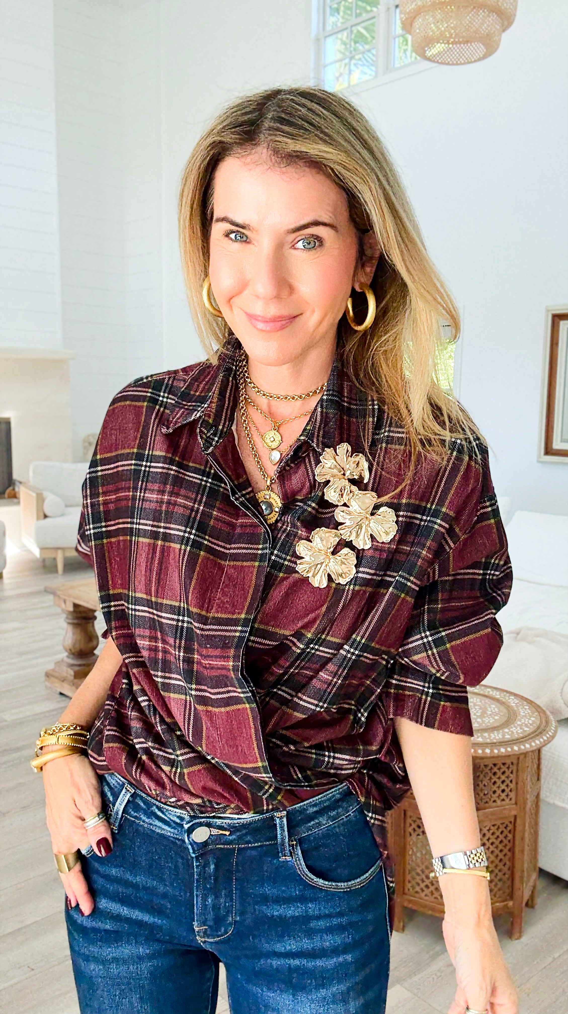 Plaid Petals Corduroy Italian Blouse