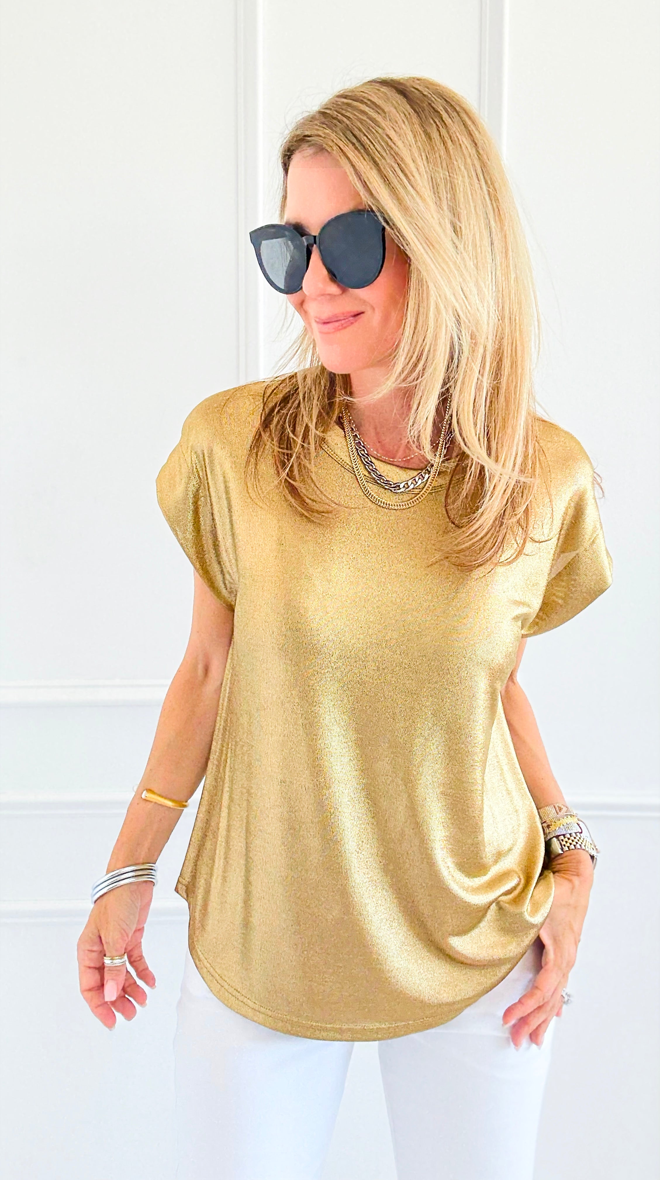 Glow Getter Cap Sleeve Top - Gold-110 Short Sleeve Tops-JODIFL-Coastal Bloom Boutique, find the trendiest versions of the popular styles and looks Located in Indialantic, FL