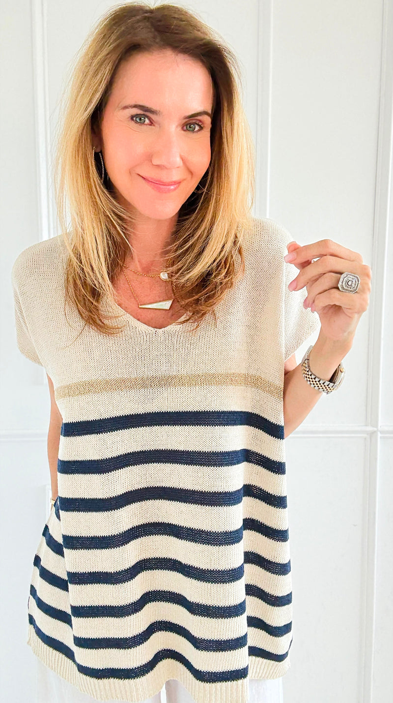Sailor Stripe Italian Vest- Navy-100 Sleeveless Tops-LY PARIS-Coastal Bloom Boutique, find the trendiest versions of the popular styles and looks Located in Indialantic, FL
