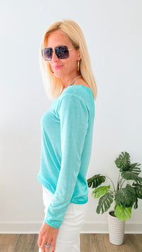 Recoleta Lurex Trim Italian Top - Aqua-130 Long Sleeve Tops-Italianissimo-Coastal Bloom Boutique, find the trendiest versions of the popular styles and looks Located in Indialantic, FL