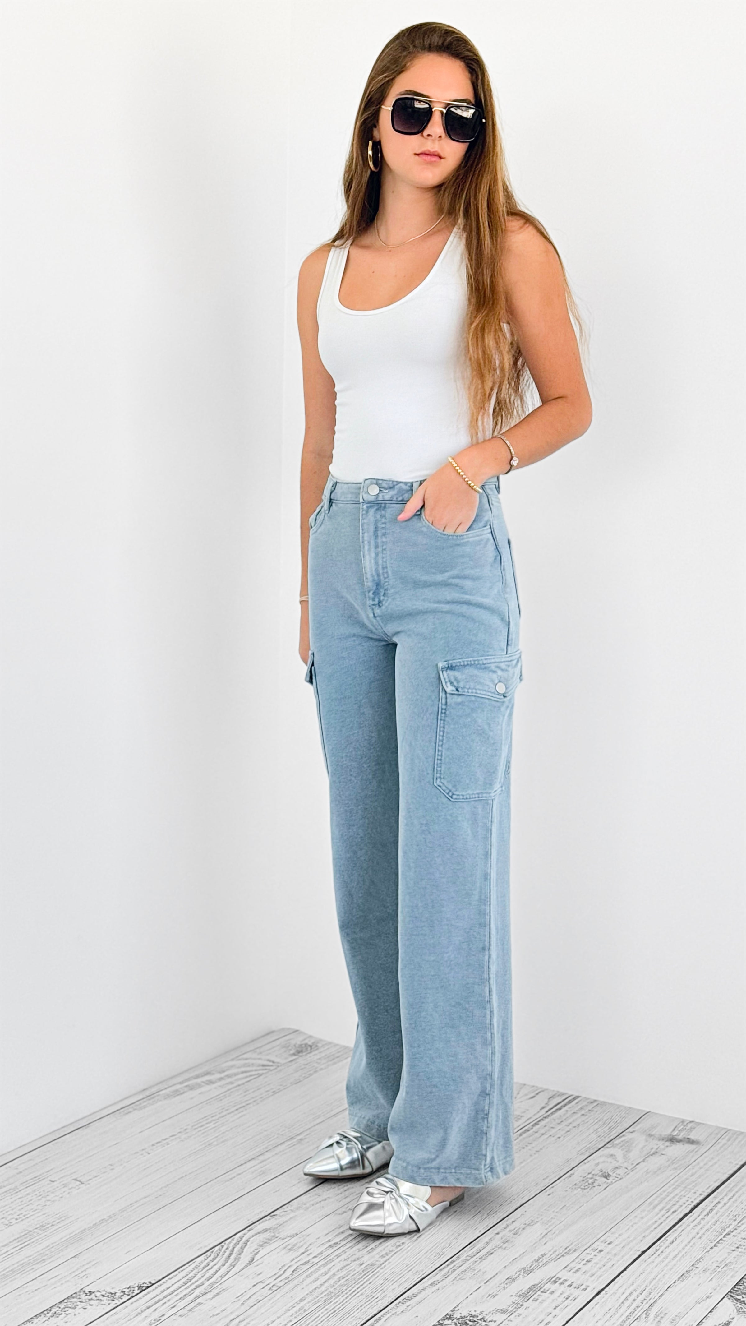 City Cargo Wide-Leg Jeans-170 Bottoms-BlueB-Coastal Bloom Boutique, find the trendiest versions of the popular styles and looks Located in Indialantic, FL