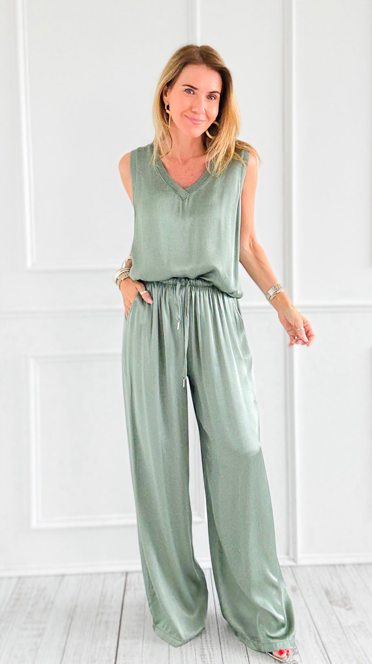 Satin Luxe Italian Pant- Olive-100 Pants-SEPTIMO-Coastal Bloom Boutique, find the trendiest versions of the popular styles and looks Located in Indialantic, FL