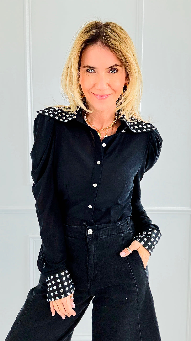 Crystal Collar Power Top-110 Long Sleeve Tops-7Mango7-Coastal Bloom Boutique, find the trendiest versions of the popular styles and looks Located in Indialantic, FL
