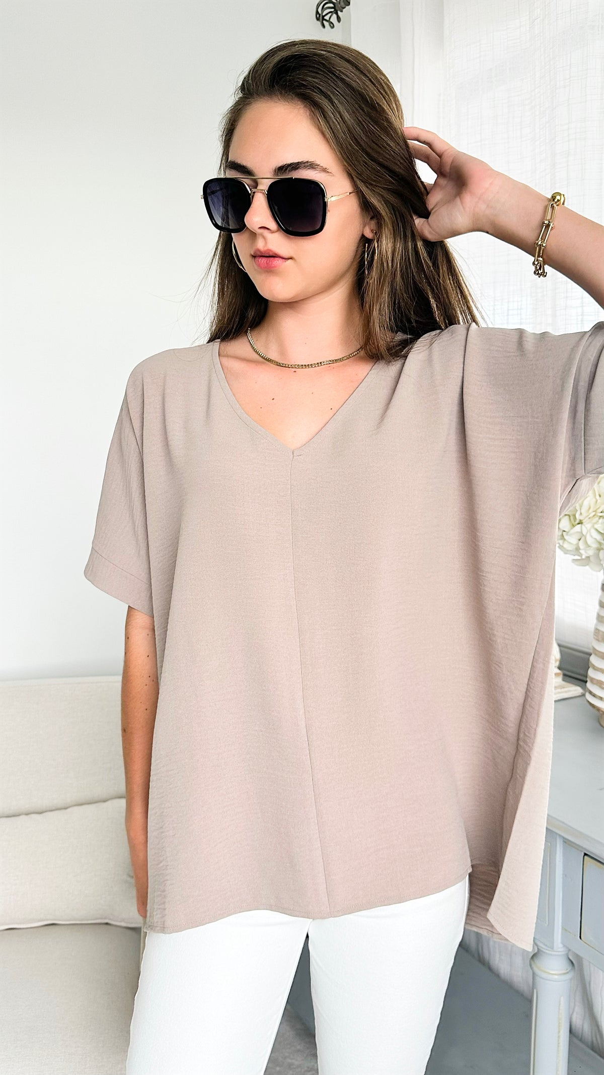 V-Neck Dolman Sleeve Top - Light Mocha-110 Short Sleeve Tops-Zenana-Coastal Bloom Boutique, find the trendiest versions of the popular styles and looks Located in Indialantic, FL